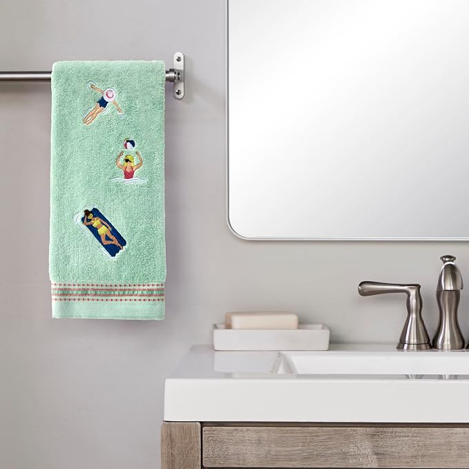 SKL Home Pool Party Hand Towel Set-2pc, Embroidered, Misty Jade | 100% Cotton. Decorative velour for summer fun & everyday décor. Can be used in the bathroom, kitchen, bar, or any sink space.