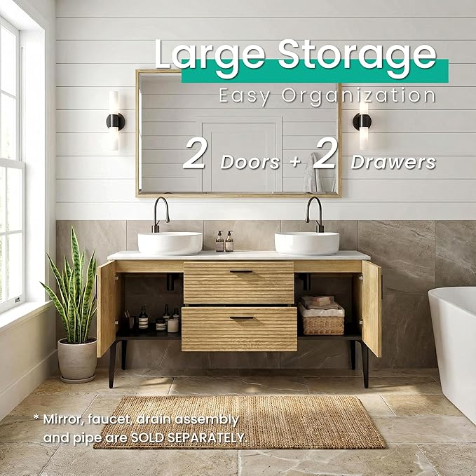60" Double Bathroom Vanity with Sink Combo, Mid-Century Modern Bath Cabinet with 2 Doors & 2 Drawers, Large Storage for Bar, Hotel, Apartment, Natural Oak