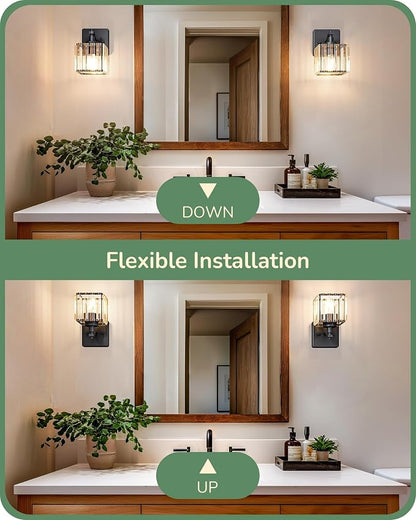 EDISHINE Hardwired Black Crystal Wall Sconces Set of 2, Modern Vanity Light | Reversible Up/Down Mounting, 1-Light, Rust-Resistant Metal, Indoor Lighting Fixtures Over Mirror, for Bathroom