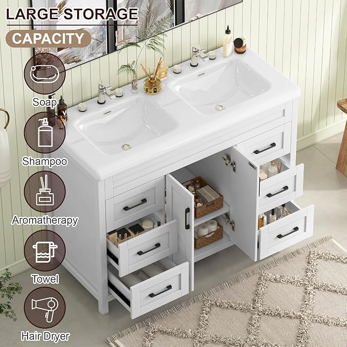 48 inch Bathroom Vanity with Double Sink, Modern Bathroom Storage Cabinet with Undermount Ceramic Sink, Soft Closing Doors and 6 Drawers, White