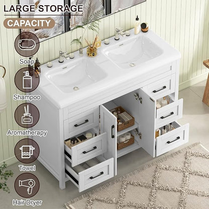 48 inch Bathroom Vanity with Double Sink, Modern Bathroom Storage Cabinet with Undermount Ceramic Sink, Soft Closing Doors and 6 Drawers, White