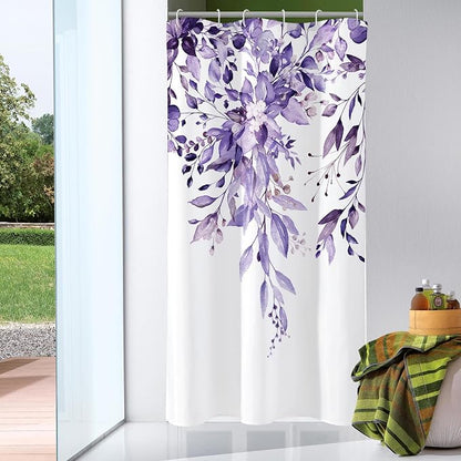 Purple Eucalyptus Shower Curtain, Watercolor Floral Print, 60x72 | Watercolor Plant Leaves Floral Print, Waterproof Fabric Bathroom Decor, Machine Washable, Rustproof Grommets