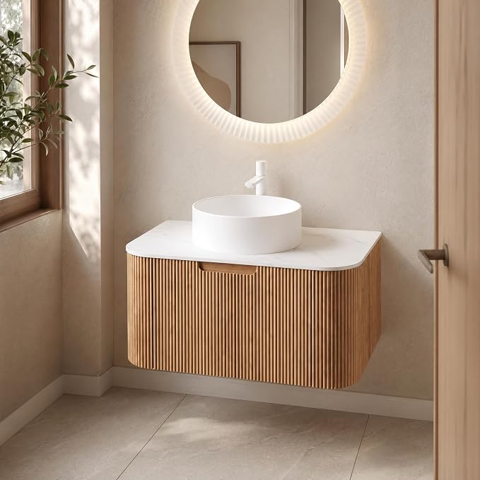 30 Inch Bathroom Vanity with Sink, Floating Wall Mounted Single Sink Vanity, Natural Woodgrain Curved Fluted Front, Stone Top, Pure White Round Vessel Basin, Pre-Assembled