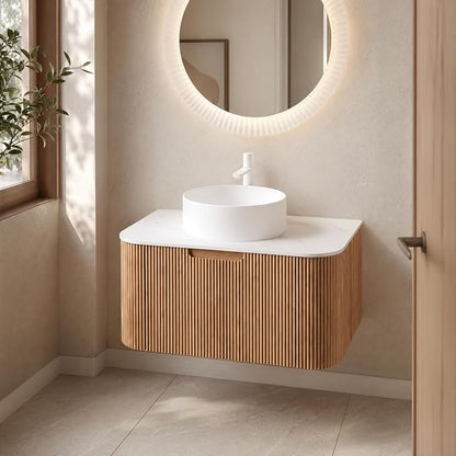 30 Inch Bathroom Vanity with Sink, Floating Wall Mounted Single Sink Vanity, Natural Woodgrain Curved Fluted Front, Stone Top, Pure White Round Vessel Basin, Pre-Assembled