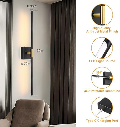 Battery Operated Wall Sconce Single, Black Gold Rechargeable Wall Sconce with Remote, Dimmable Sconce Wall Light, 30 Inch LED Wireless Wall Light for Background Wall, Bedroom,Living Room