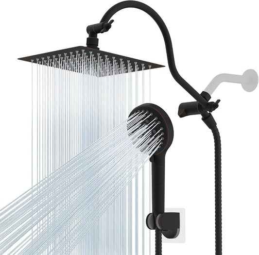 Hibbent All Metal Shower Head, 8'' High Pressure Rainfall Shower Head/Handheld Showerhead Combo with 12'' Adjustable Curved Shower Extension Arm, 10-Spray, 71'' Hose, Shower Holder, Oil Rubbed Bronze
