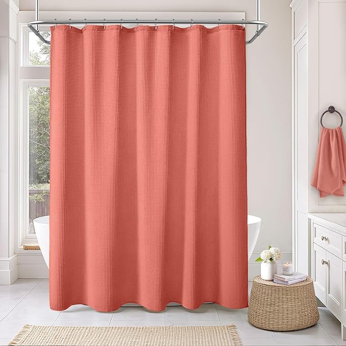 Waffle Weave Shower Curtain - Coral Cotton Fabric Texture Heavyweight Shower Curtains for Bathroom,Washable,72Wx72L