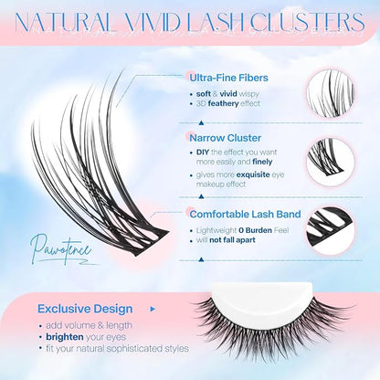 Lash Clusters Kit Wispy Lash Extension Kit Natural 180pcs Cluster Eyelash Extensions Kit Individual Lashes 8-16mm Eyelash Clusters Kit with Lash Cluster Bond Seal and Lash Tweezers