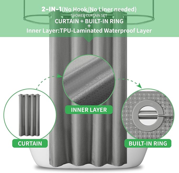 No Hook Waffle Shower Curtain, No Liner Needed Separate, 50x80 Inch, Grey | 100% waterproof TPU-laminated backing, magnetic weighted hem, machine washable, for bathroom, hotel, or shower stall use