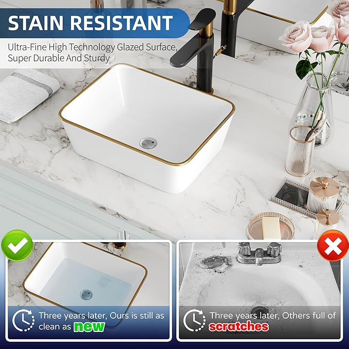 Bathroom Vessel Sink Rectangle, Hugsleek 16 x 12 inch White Porcelain Ceramic Vessel Sink with Gold Rim Above Counter Rectangular Bath Sink Bowl Basin Lavatory Vanity Sinks Restroom Countertop