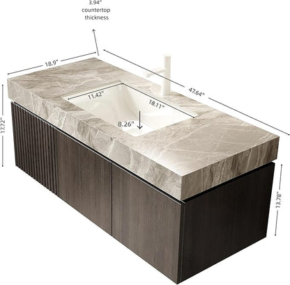 48 Inch Floating Bathroom Vanity with Sink Espresso, Wall-Mounted Bathroom Vanity with Drawer and Doors, Light Gray Sintered Stone Countertop and Ceramic Basin,Pre-Assembled,Espresso