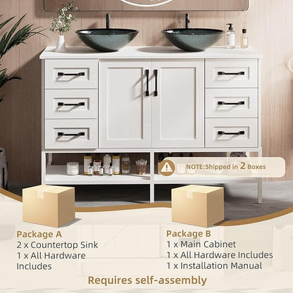 VNN 48 Inch Bathroom Vanity with Sink - Double Sink Bathroom Vanity, Freestanding Cabinet with Open Shelves and 6 Storage Drawers, Modern Iron Wood Cabinet with Countertop Tempered Glass Vessel, White