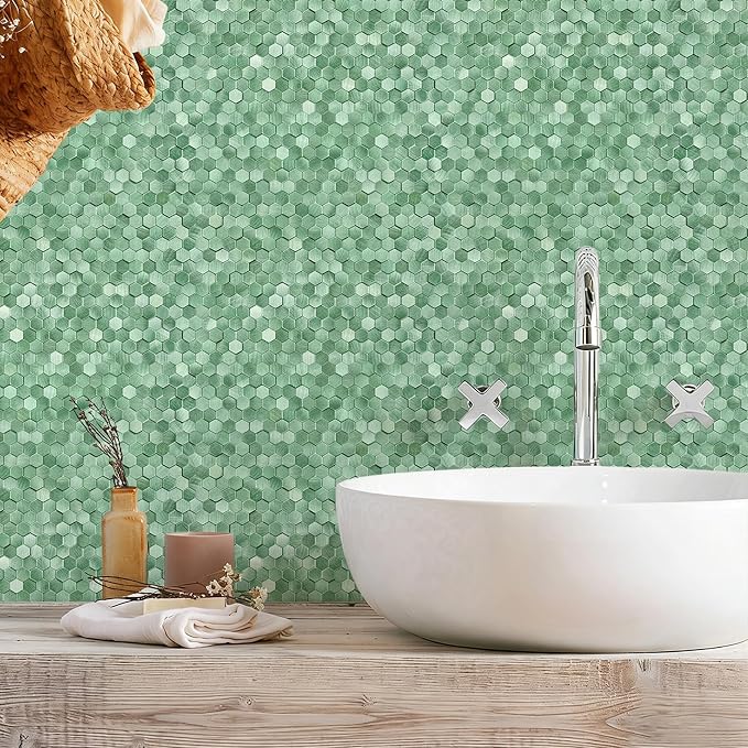 STICKGOO Peel and Stick Backsplash Tiles, Stick on Mosaic Self Adhesive Tiles, 3D Hexagon Backsplash for Kitchen Bathroom Fireplace Vanity (8PCS, Light Green)