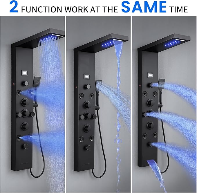 POPFLY 6 In 1 LED Shower Panel Tower System, 8 Body Massage Jets, Stainless Steel Wall Mount Rainfall ＆ Waterfall Shower Column Towers with Temperature Display, Tub Spout, Matt Black