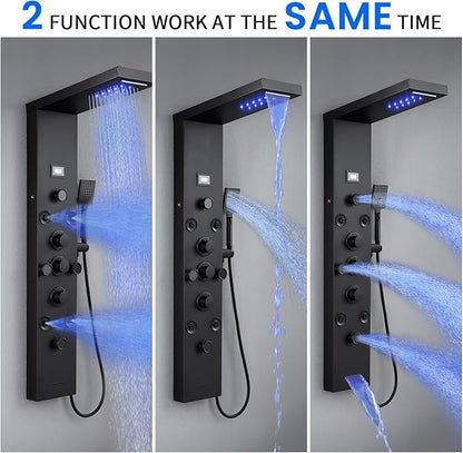 POPFLY 6 In 1 LED Shower Panel Tower System, 8 Body Massage Jets, Stainless Steel Wall Mount Rainfall ＆ Waterfall Shower Column Towers with Temperature Display, Tub Spout, Matt Black