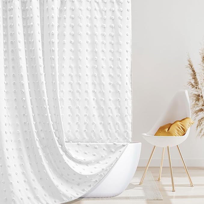 Boho Farmhouse White Shower Curtain Woven Fabric Shower Curtain, 72 x 72 Tufted Pleat Floral Puffs Textured Modern Farmhouse Minimalist Shower Curtain Set with Hooks for Bathroom