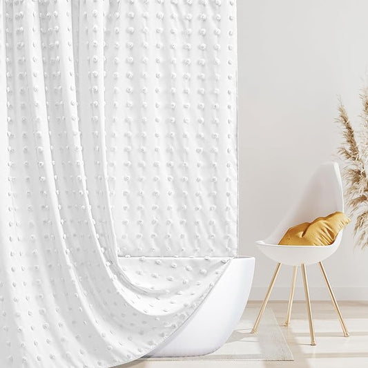 Boho Farmhouse White Shower Curtain Woven Fabric Shower Curtain, 72 x 72 Tufted Pleat Floral Puffs Textured Modern Farmhouse Minimalist Shower Curtain Set with Hooks for Bathroom