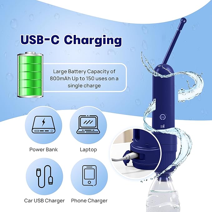 Portable Bidet for Travel with 180ml Bottle and Universal Adapter, 800mAh Battery for Upto 150 Uses on Full Charge with USB-C Cable, IPX7 Leakproof, 3 Pressure Modes Electric Travel Bidet