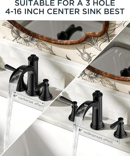 FORIOUS Black Bathroom Faucet 3 Hole, 2 Handle Brass 8 Inch Widespread Matte Black Bathroom Sink Faucet Waterfall with Pop-up Drain and CUPC Flexible Hoses, Vanity Tap 3 Holes
