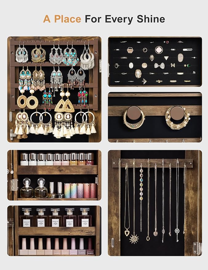 Nicetree Mirror Jewelry Cabinet, Lockable Full Length Mirror, 2 Drawers | Standing Jewelry Armoire with Mirror, Mirror with Jewelry Storage, Adjustable Angles, Easy Assembly, Gift Idea, Rustic Brown