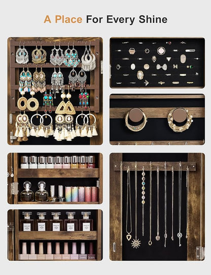 Nicetree Mirror Jewelry Cabinet, Lockable Full Length Mirror, 2 Drawers | Standing Jewelry Armoire with Mirror, Mirror with Jewelry Storage, Adjustable Angles, Easy Assembly, Gift Idea, Rustic Brown
