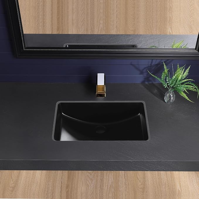 Black Undermount Bathroom Sink 23.8x16.3 Inch Bathroom Sink Matte Black Bathroom Under Counter Lavatory Vanity Sink Basin Rectangular Porcelain Ceramic Undermount Sinks with Overflow