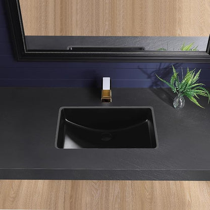 Black Undermount Bathroom Sink 23.8x16.3 Inch Bathroom Sink Matte Black Bathroom Under Counter Lavatory Vanity Sink Basin Rectangular Porcelain Ceramic Undermount Sinks with Overflow