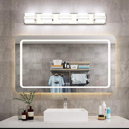 SOLFART Chrome 5 Light Bathroom Vanity Lights Over Mirror, Modern Chrome Bathroom Light Fixtures LED Lights Dimmable