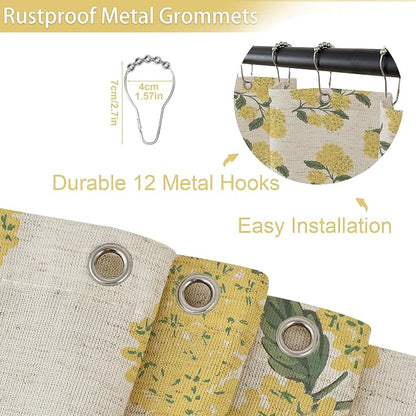 ORTIGIA Linen Textured Ruffle Shower Curtain with Metal Hooks, Vintage Yellow Hydrangea Floral Boho Waterproof Bath Curtain for Rustic Farmhouse Bathroom Decor 72x72 Inch