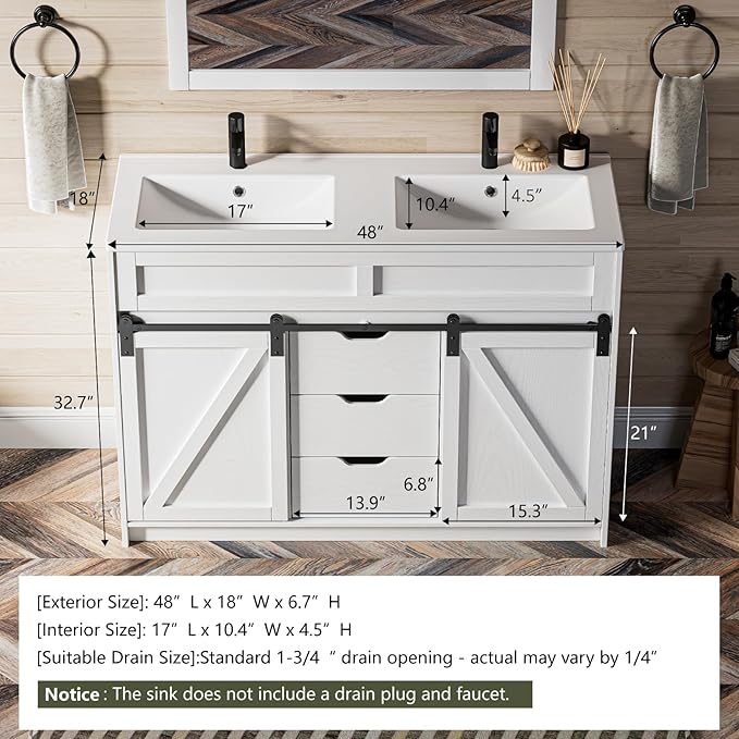 48 Inch Bathroom Vanity with Double Sink Combo, Farmhouse Bathroom Cabinet Set with Sliding Barn Door & 3 Drawers, Freestanding Bath Vanities, White