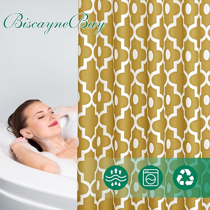 Fabric Modern Extra Long Shower Curtains for Bathroom-Gold and White | 72"W x 84"L Textured Faux Linen Elegant Classic Moroccan Bath Decor-Hotel Quality Transitional Washable & Breathable Cloth