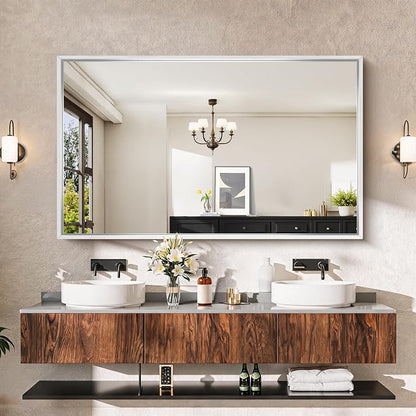 CIRCUMI 60"x36" Brushed Silver Bathroom Mirror, Double Sink Vanity Mirror | Chunky Box Metal Frame, Shatterproof, Tempered Glass, Bathroom Remodel&New Home, Large Rectangular Mirror for Living Room