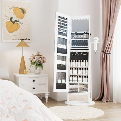 Mirror Jewelry Cabinet Standing, 360° Swivel Jewelry Armoire | with Drawer LED Lights, Lockable Jewelry Organizer with Storage Shelves