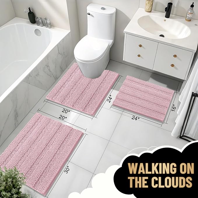 OLANLY Thick Bathroom Rugs 36x24, Chenille Striped Bath Rugs, Dusty Rose | Rubber Backing, Machine Wash, Extra Soft Absorbent Bath Mats for Bathroom Floor, Tub and Shower, Home Decor Accessories
