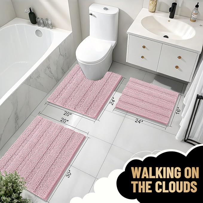 OLANLY Thick Small Bathroom Rugs 24x16, Soft Chenille Bath Rugs, Dusty Rose | Rubber Backing, Machine Wash, Extra Absorbent Striped Bath Mats for Bathroom Floor, Tub and Shower, Home Decor Accessories