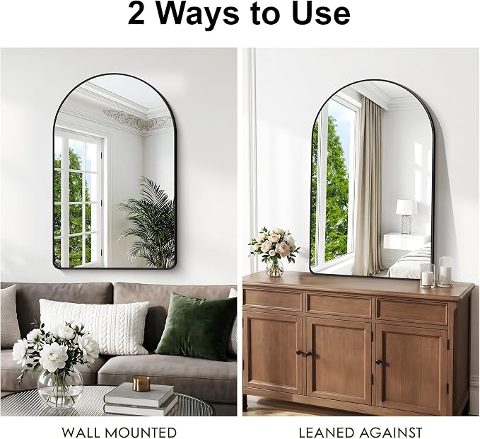 BONEWEI Arched Wall Mirror,32x48 inch Black Arched Mirror Bathroom,Large Vanity Mirror for Over Sink Metal Frame,Tempered Glass Arch Mirrors for Bedroom,Entryway,Living Room,Home Decor Shatter-Proof