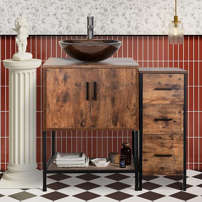 UEV 36" Antique Bathroom Vanity, Dark Brown Bathroom Vanity Set with Sink and 3 Drawers Side Cabinet Combo, Iron Wood Bathroom Cabinet with Adjustable Water Temperature Faucet (A09-NEW)