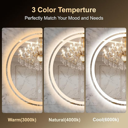 20 Inch Round LED Bathroom Mirror with Lights, Circle Lighted Vanity Mirror | Smart Anti-Fog, Dimmable 3 Color Modes, Backlit+Frontlit, Memory Function, HD Tempered Glass, Touch Sensor
