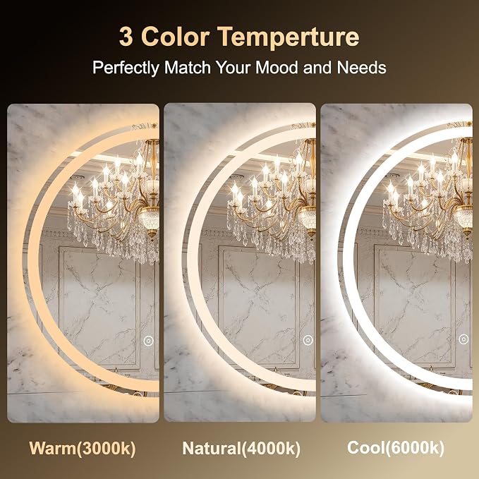 24 Inch Round LED Bathroom Mirror with Lights, Circle Lighted Vanity Mirror | Smart Anti-Fog, Dimmable 3 Color Modes, Backlit+Frontlit, Memory Function, HD Tempered Glass, Touch Sensor