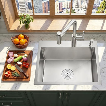 25x18 Inch Kitchen Sink Drop in, 9" Deep Single Bowl, Brushed | Premium T-304 Grade Stainless Steel Sink, , R10 Tight Corner, 2 Pre-Drilled Holes, Topmount Sink with Strainer