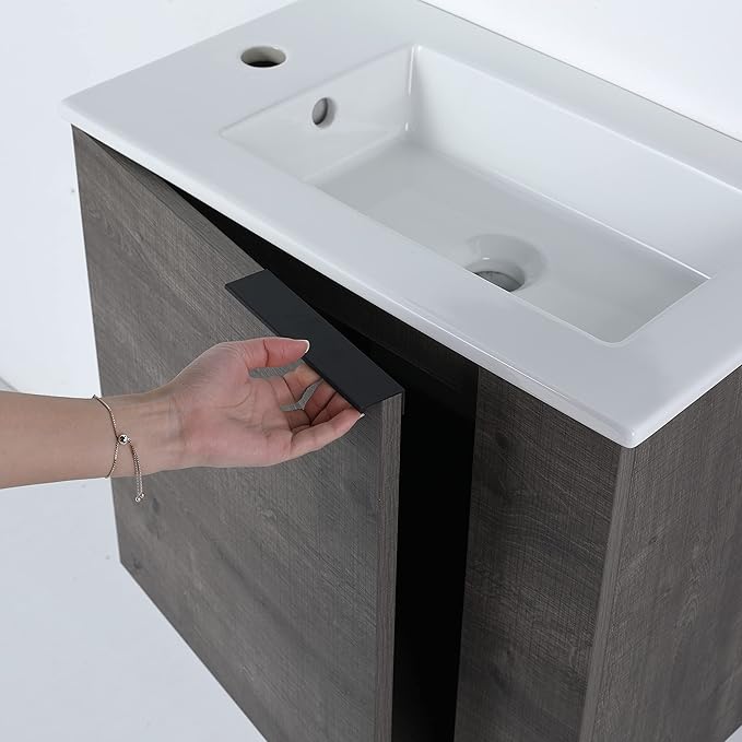 22" Floating Bathroom Vanity with Sink, Mordern Grey Vanity Combo for Small Bathroom, Single Bath Wall Mounted Cabinet Side for Narrow Space, 1 Door and 1 Ceramics Basin. (002-Plaid Grey Oak, 22 * 13)