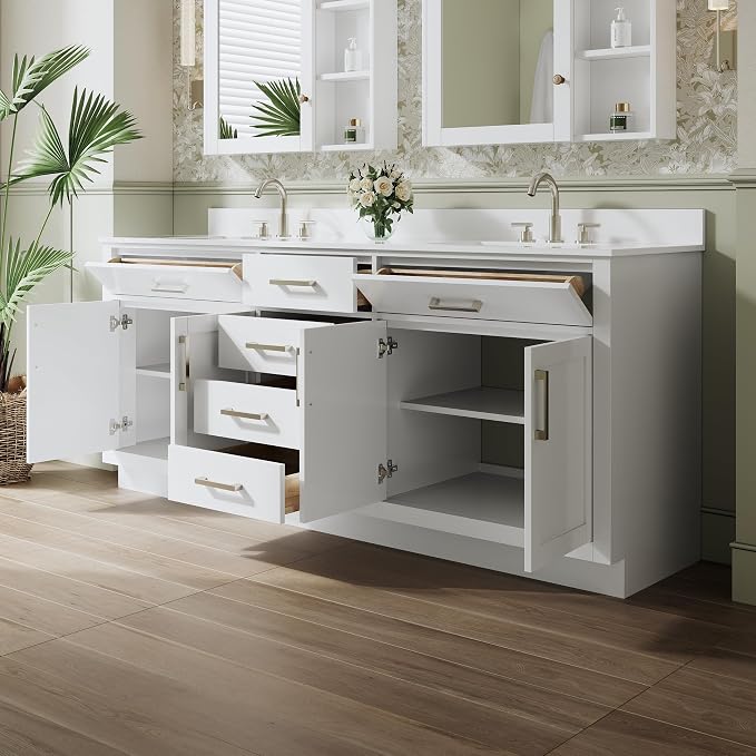 80-Inch Bathroom Vanity with Double Sinks W/ 4 Doors & 4 Drawers & 2 Flip Drawers, White Vanity W/Brushed Nickel Handles