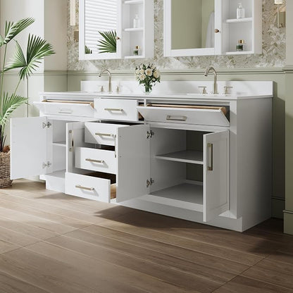 80-Inch Bathroom Vanity with Double Sinks W/ 4 Doors & 4 Drawers & 2 Flip Drawers, White Vanity W/Brushed Nickel Handles