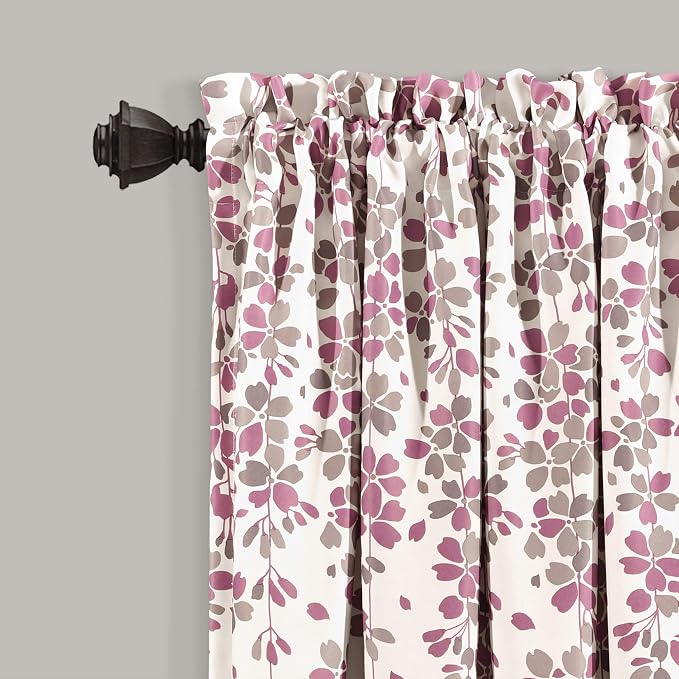 Lush Decor Weeping Flower Light Filtering Window Curtain Panels, Pair, 52"W x 63"L + 2" Header, Purple & Gray- Charming Modern Floral Curtains for Living Room, Dining Room, & Bedroom