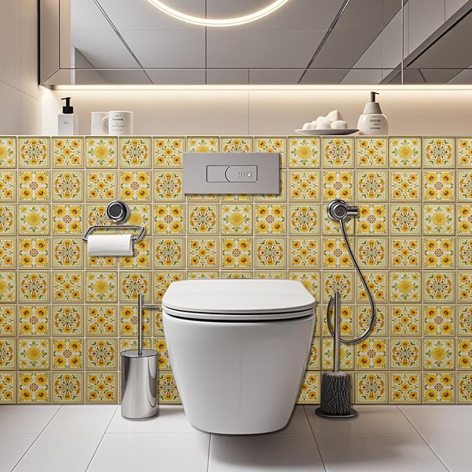 36pcs 4 Styles Yellow Floral Patterns Wall Tile Stickers, 4x4inch | Vintage Flowers Designs Waterproof PVC Tile Decals for Kitchen Bathroom