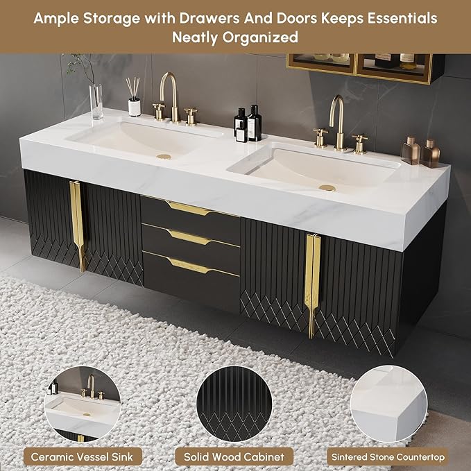 Bathroom Vanity with Sink, Modern Bathroom Vanity with Faux Marble Top, Gold Hardware & Soft-Close Drawers for Bathroom Storage (59.1 Inch, Black, Double Sink & Floating)