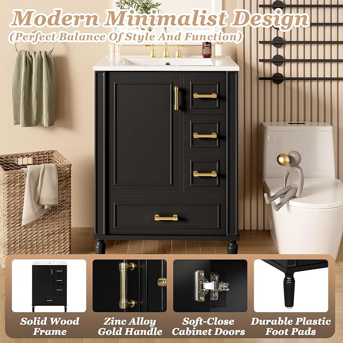 24 Inch Modern Bathroom Vanity with Ceramic Sink, Freestanding Bathroom Cabinet with Soft-Close Door, 3 Drawers, Gold Handles & Door-Mounted Storage Rack, Solid Wood & MDF, Black