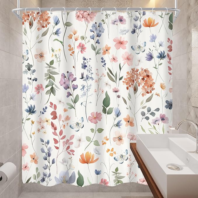 Colorful Boho Flower Girly Wildflower Floral Bathroom Shower Curtain Set | 60"W x 72"H Plants Botanical; waterproof HD print, quick-dry fabric and plastic hooks for easy setup.