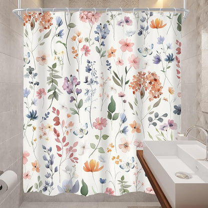 Colorful Boho Flower Girly Wildflower Floral Bathroom Shower Curtain Set | 60"W x 72"H Plants Botanical; waterproof HD print, quick-dry fabric and plastic hooks for easy setup.
