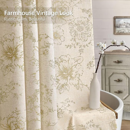 Farmhouse Floral Linen Shower Curtain, Vintage Beige Pattern Rustic Shower Curtains for Bathroom, Tan Taupe,72x96